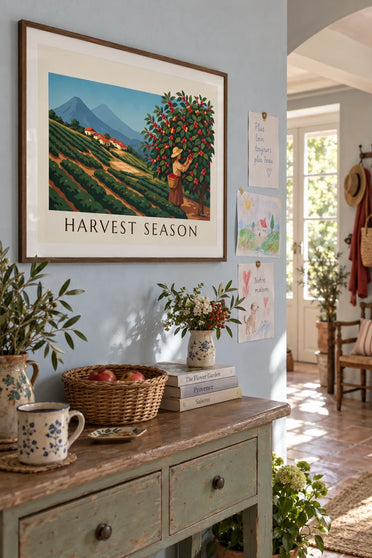 Affiche cueillette des cerises de café dans une plantation : encadrée au mur