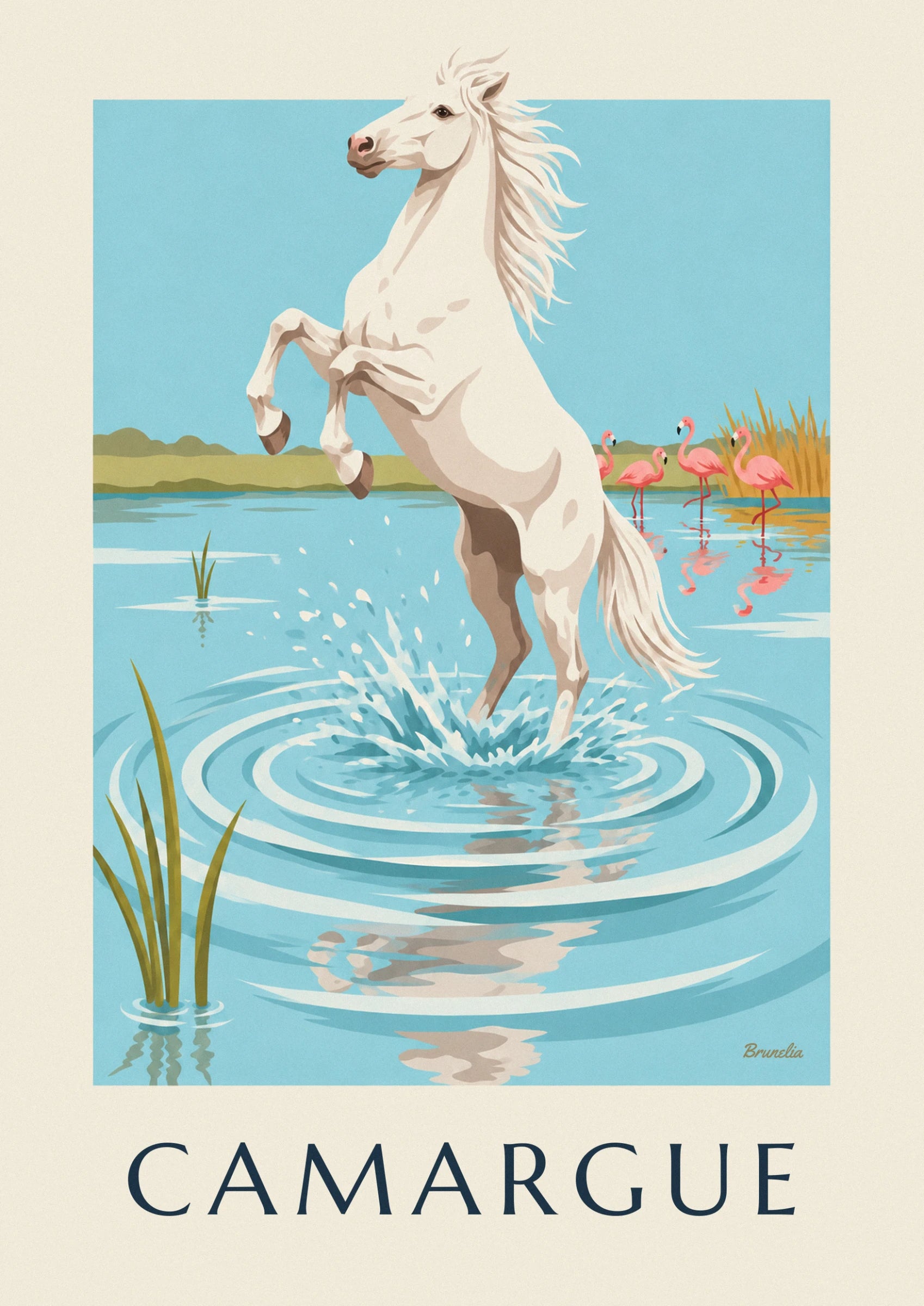 Le cheval blanc cabré, crinière au vent, sur fond de ciel bleu clair