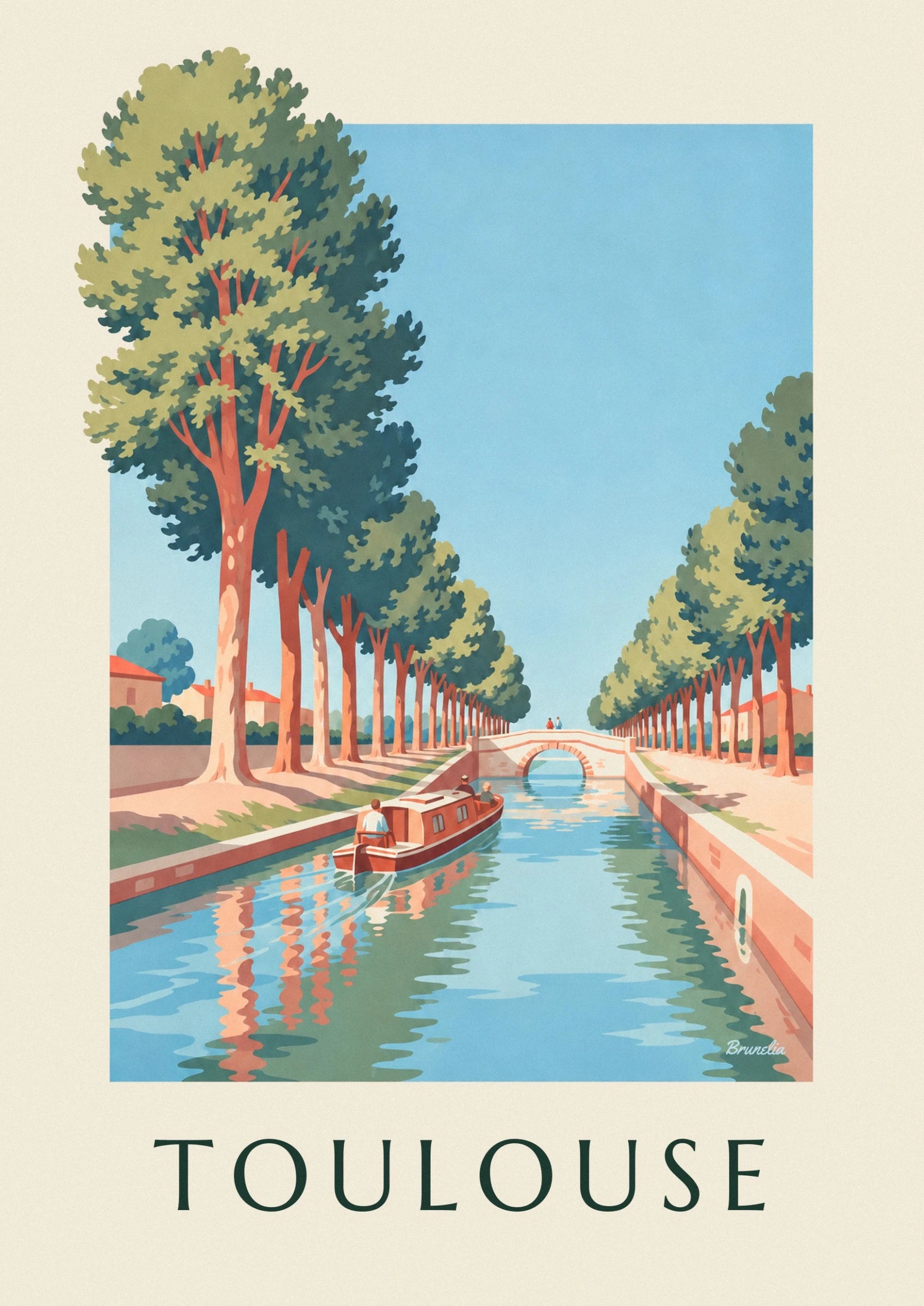 The red boat and its passengers on the canal du Midi near the bridge