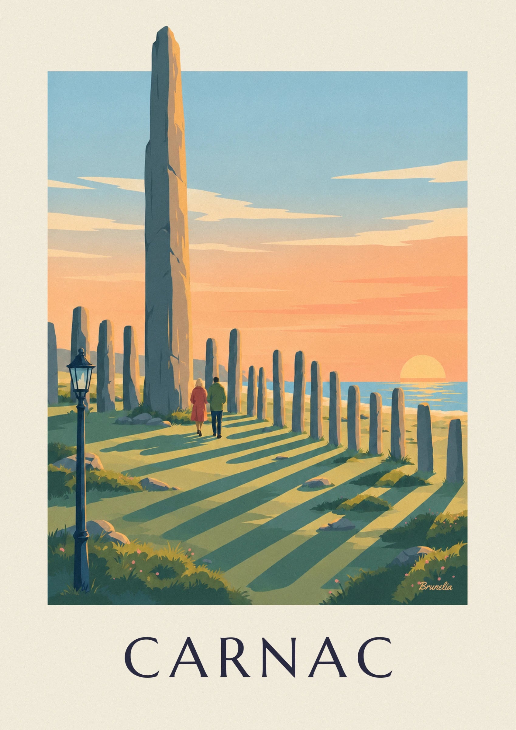 The couple in a red coat and green jacket walking among the standing stones on grass striped with shadows