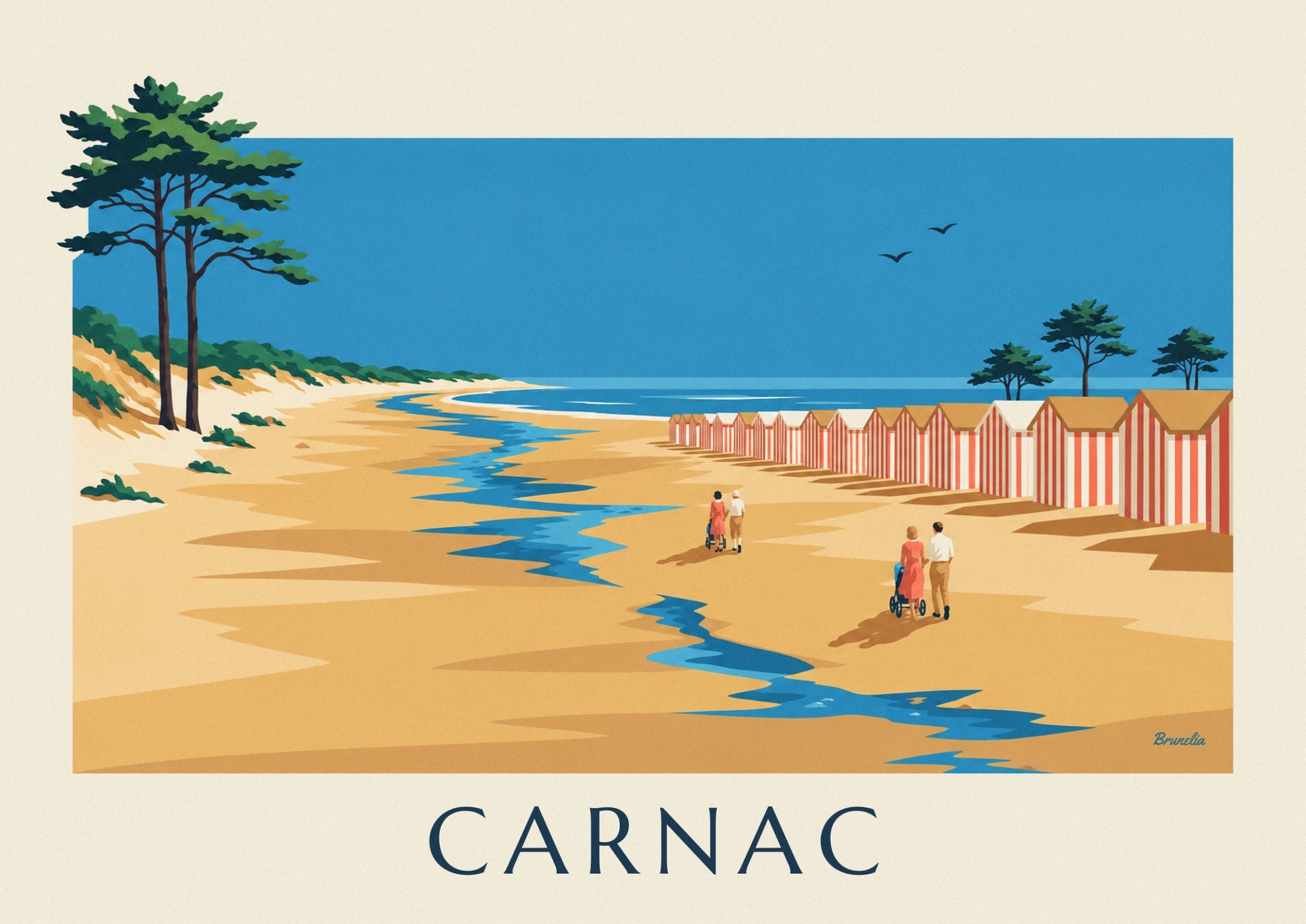 Red and white striped beach huts with golden roofs and pine trees in the background