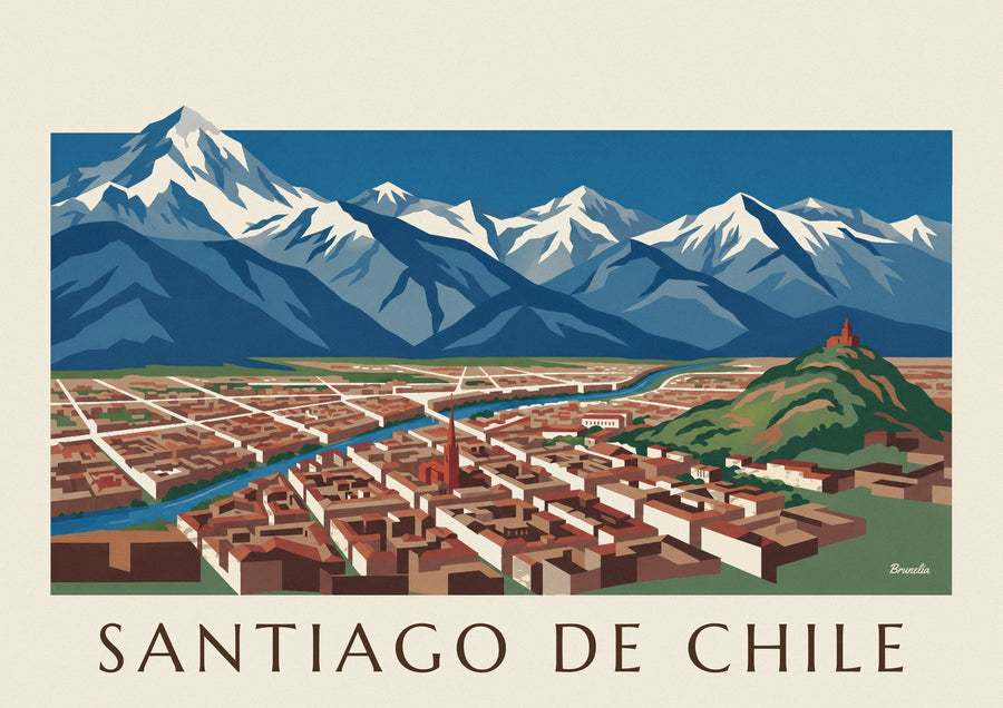 Santiago de Chile and the Andes illustrated map poster