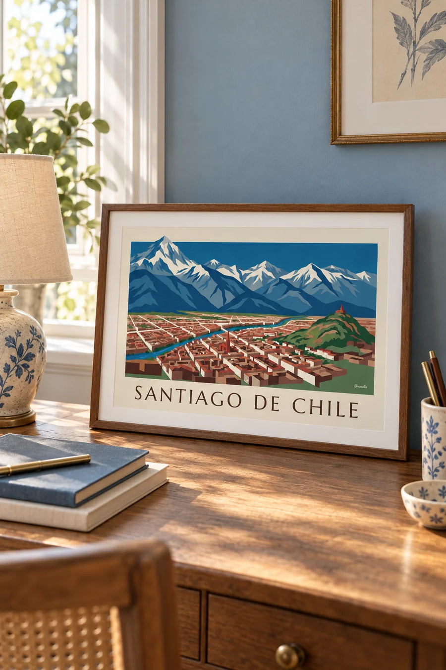 Affiche carte illustrée de Santiago du Chili et des Andes : petit format A4 encadré