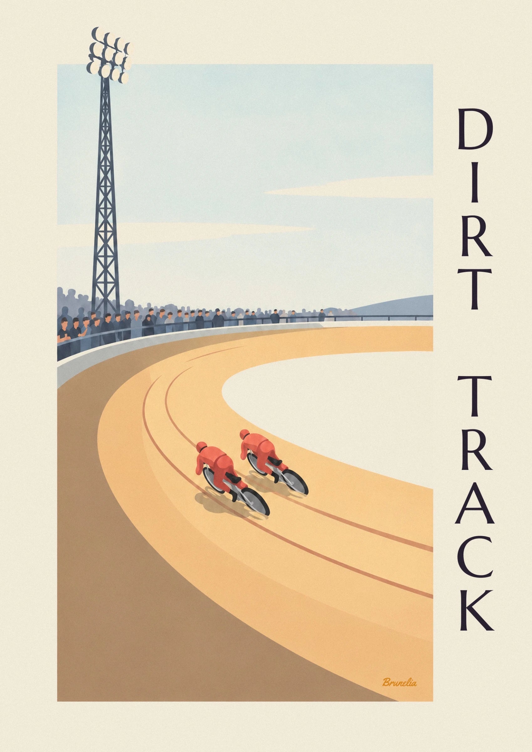 The 2 riders in red suits on their motorbikes on the ochre track