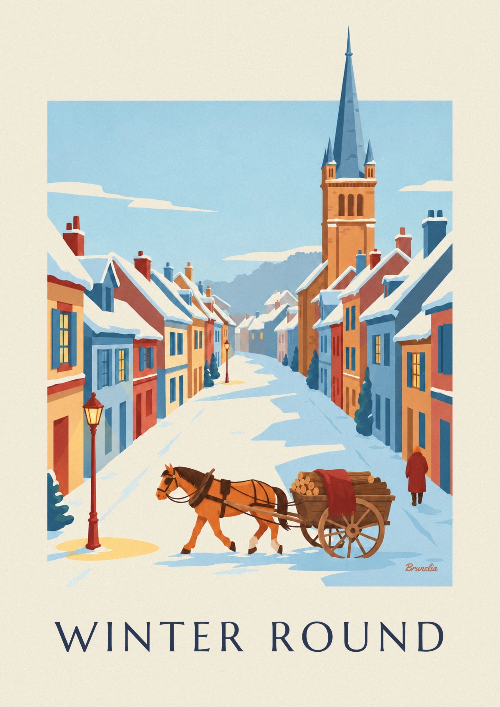 Le cheval et sa charrette chargée de bûches dans la rue enneigée aux maisons colorées