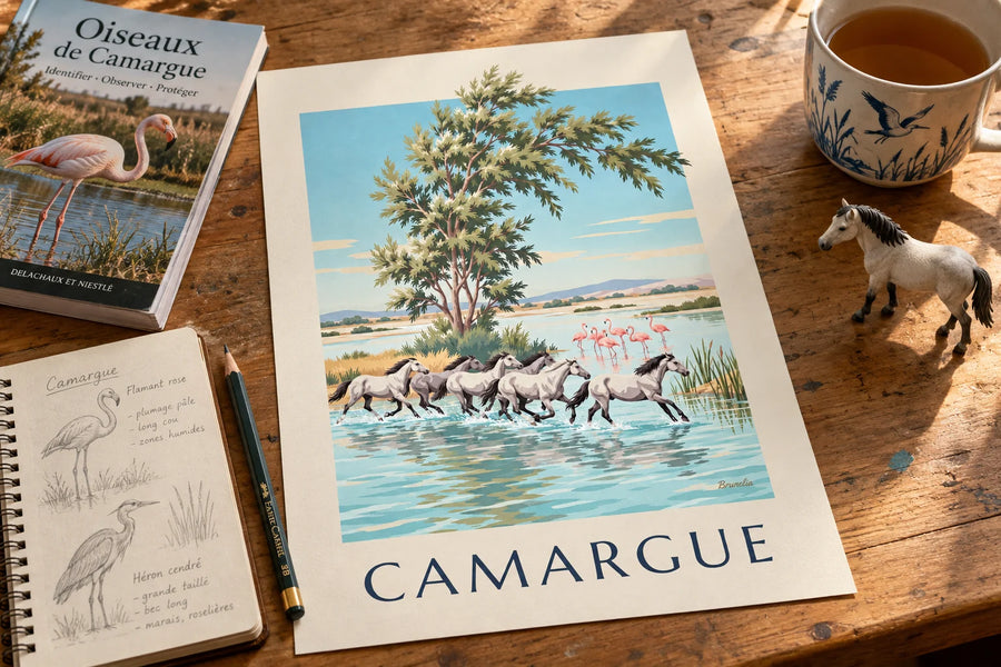 Plakát divocí koně z Camargue cválající po bažinách: položený na stole