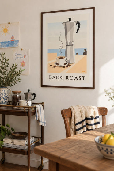 Affiche tasse d’expresso, grains de café torréfiés et cafetière : encadrée au mur