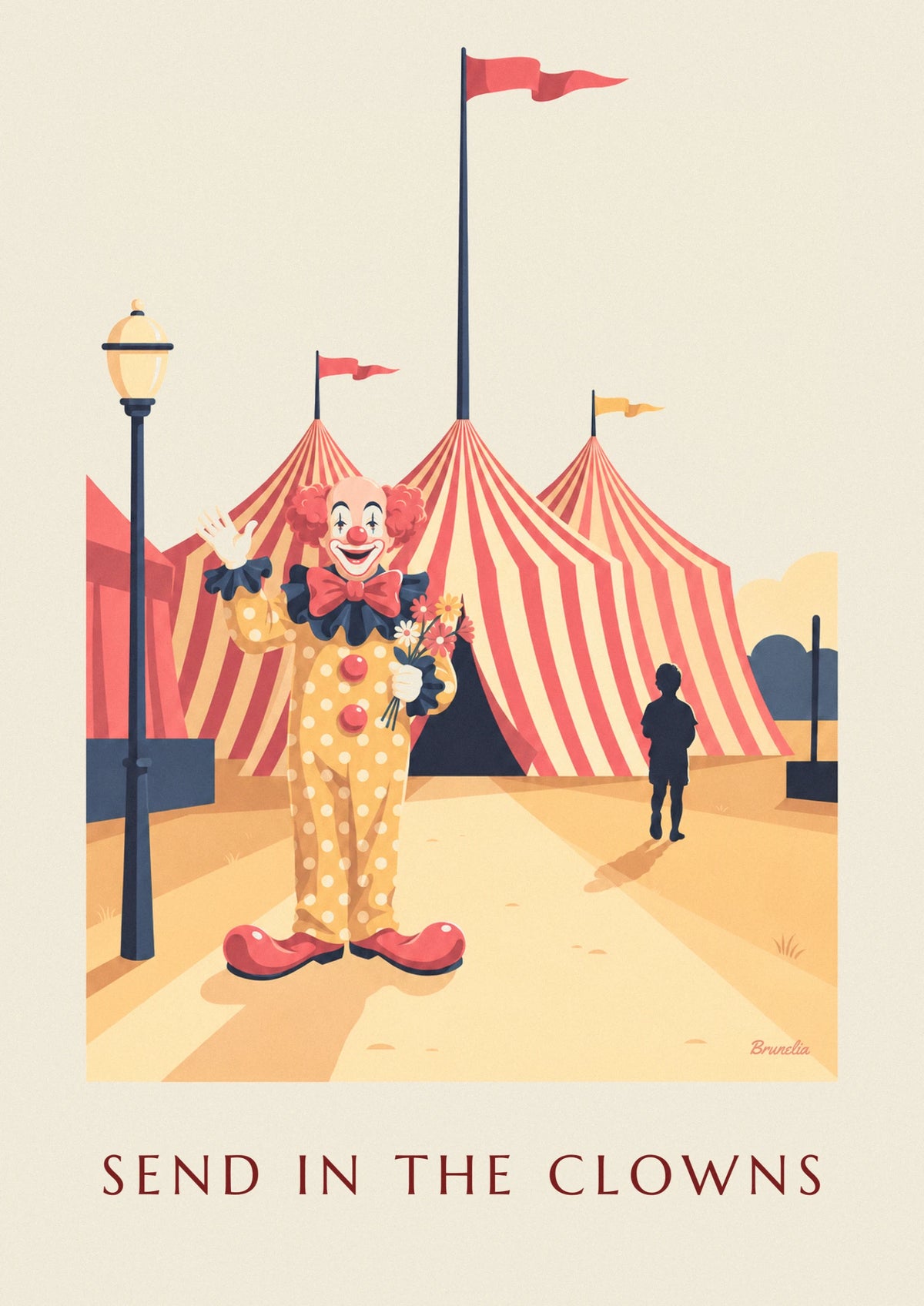 Circus clown in front of striped big tops poster