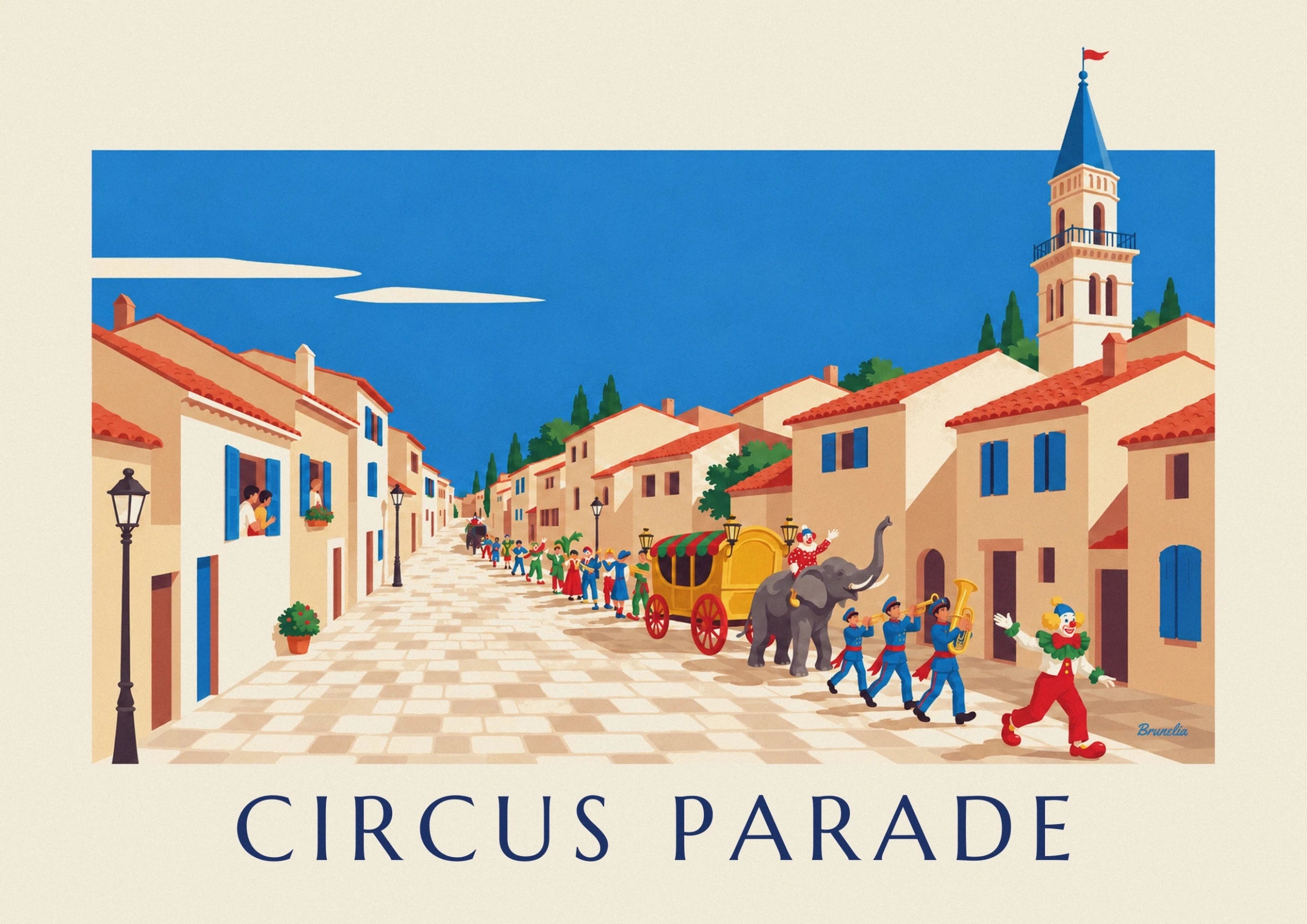 La parade colorée dans la rue du village, entre les maisons et les réverbères noirs