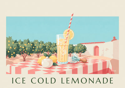 Plakát sklenice ledové limonády na vesnické terase: celý plakát