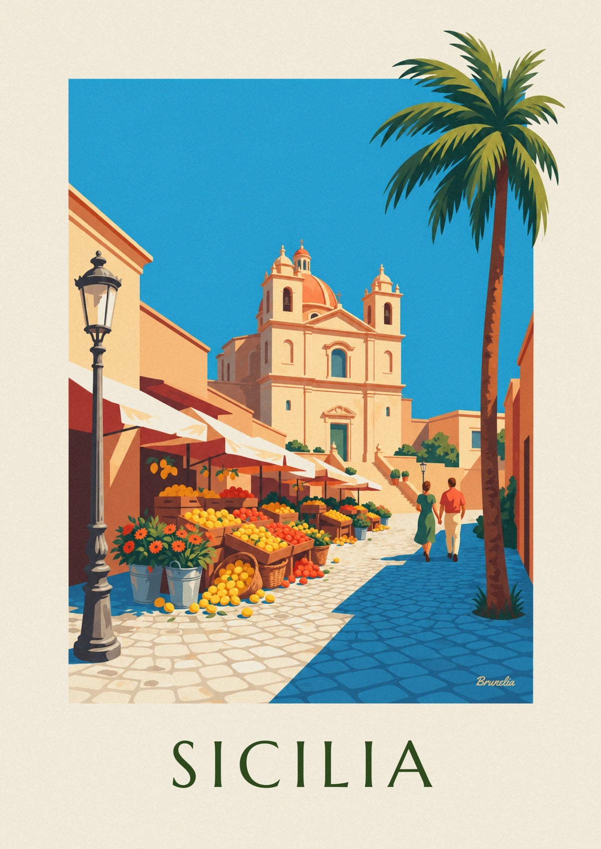 Affiche marché sicilien aux citrons, oranges et fleurs