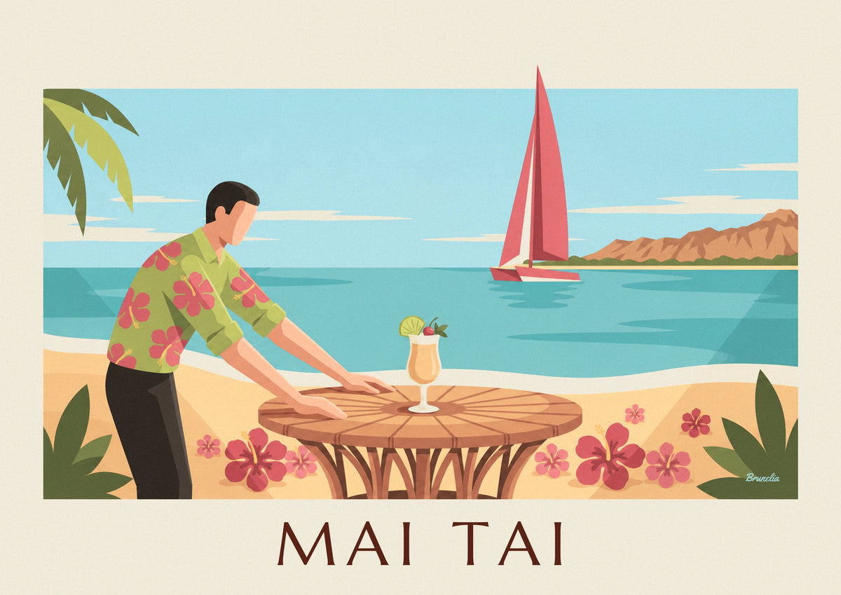 Mai Tai cocktail on a beach facing Diamond Head poster
