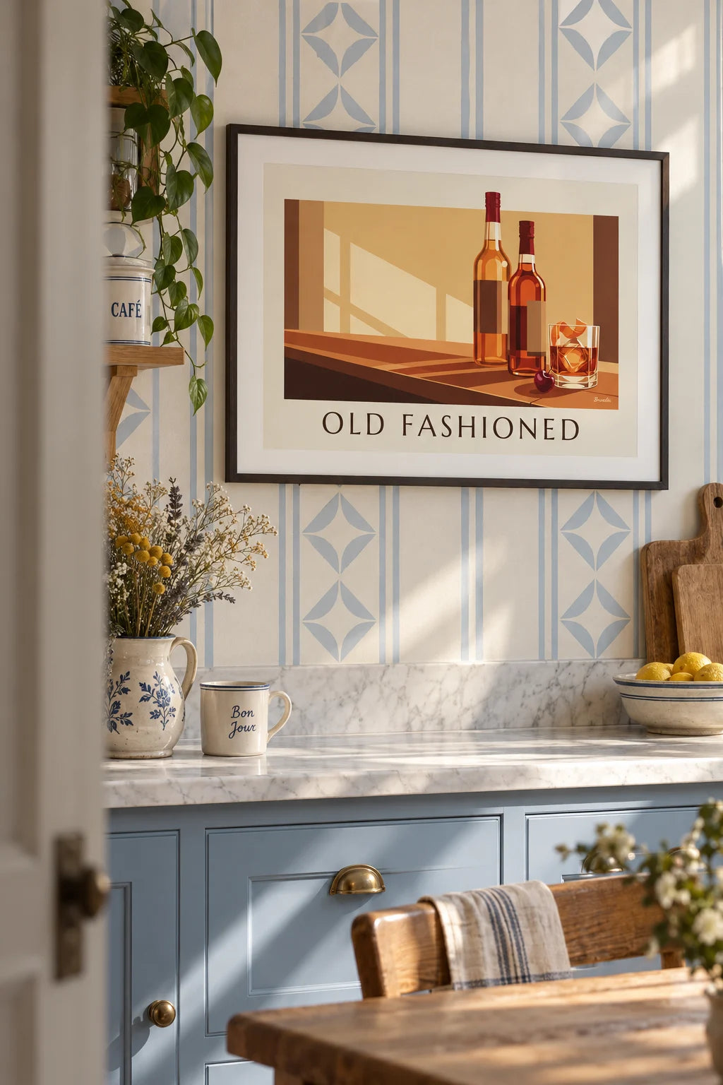 Crystal glass Old Fashioned cocktail on wooden bar poster on the wall
