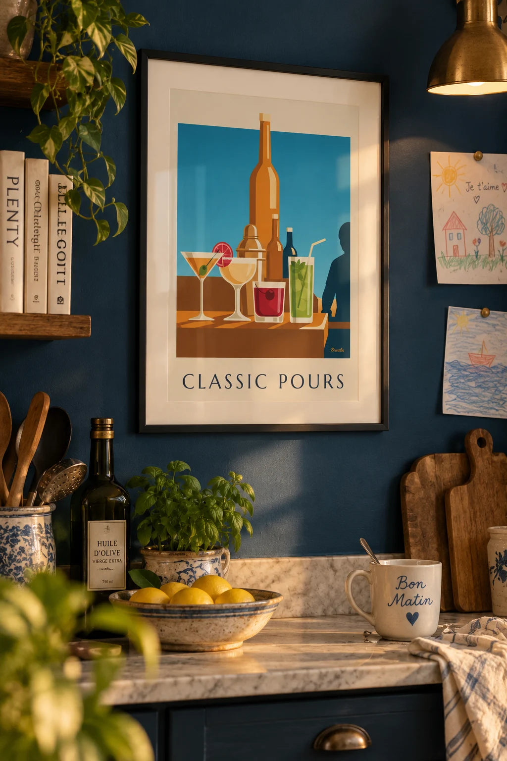 Classic cocktails on a bar counter poster on the wall