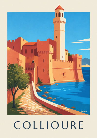 Poster of Collioure’s royal castle and bell tower on the bay: the full poster
