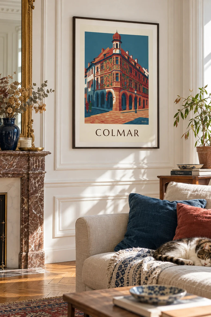 Plakát Maison Pfister a její řezaná dřevěná galerie v Colmaru: v rámu na zdi