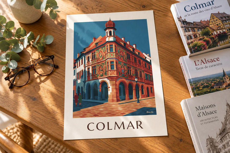Plakát Maison Pfister a její řezaná dřevěná galerie v Colmaru: položený na stole
