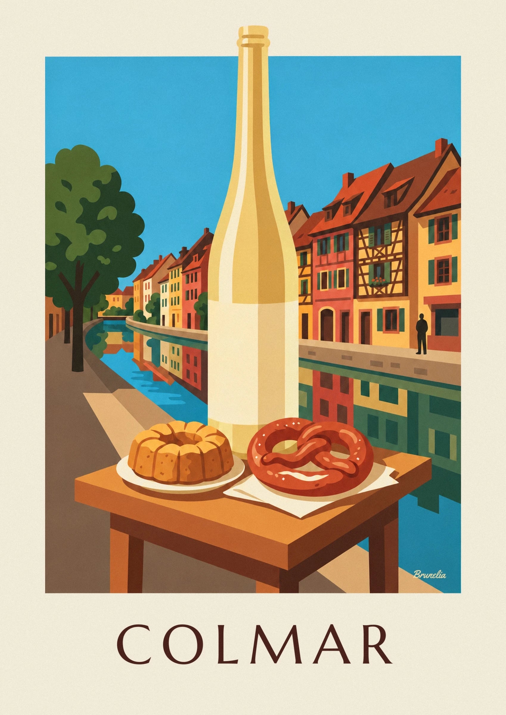 A golden kougelhopf on a white plate beside the canal