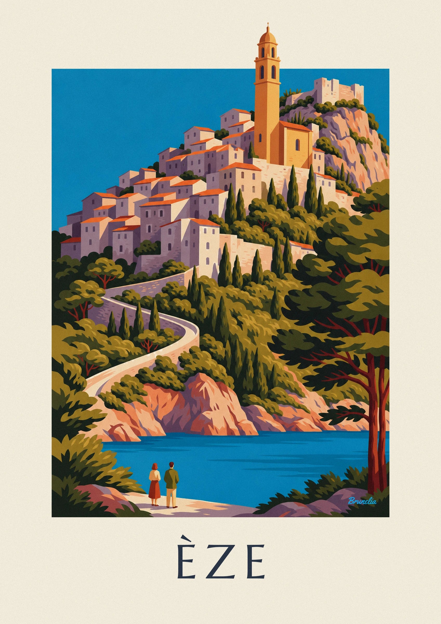 Affiche village perché d'Èze au-dessus de la Méditerranée : détail en gros plan