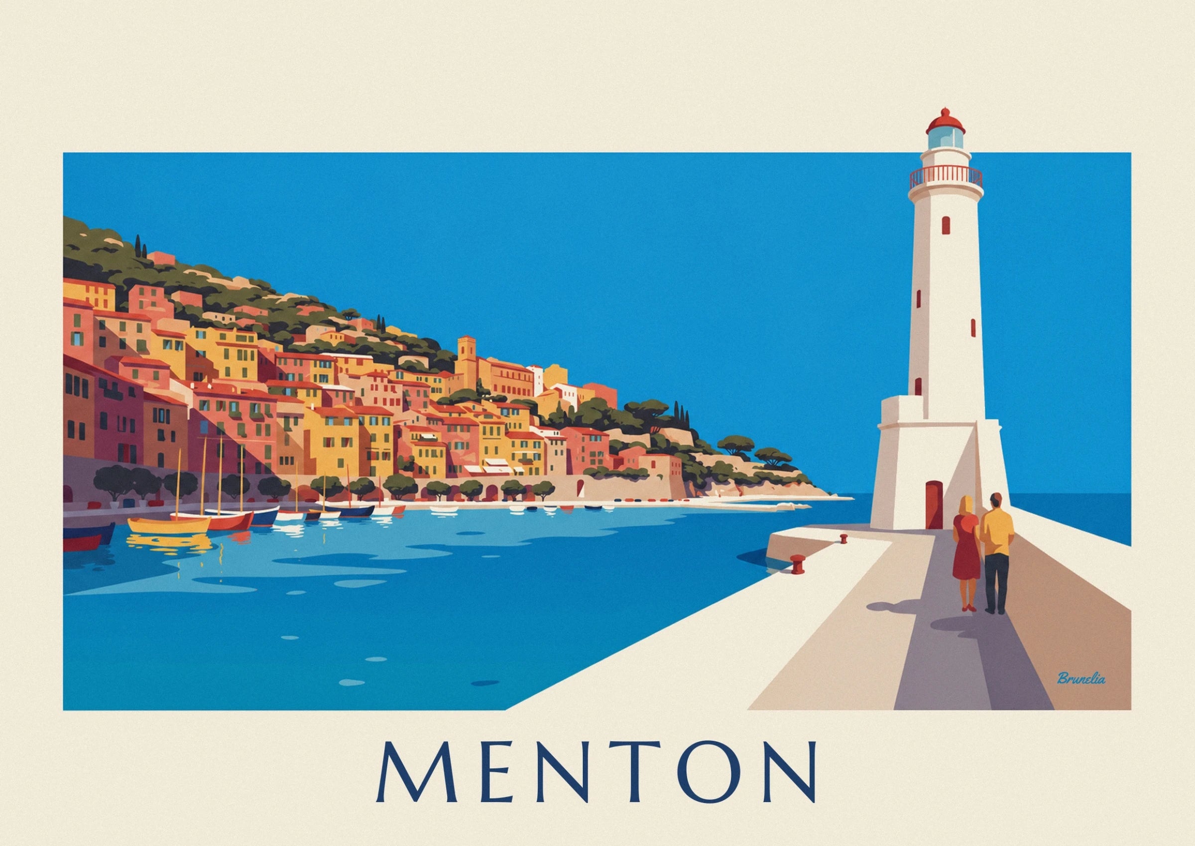 The yellow and pink façades of Menton behind the colourful sailing boats in the harbour