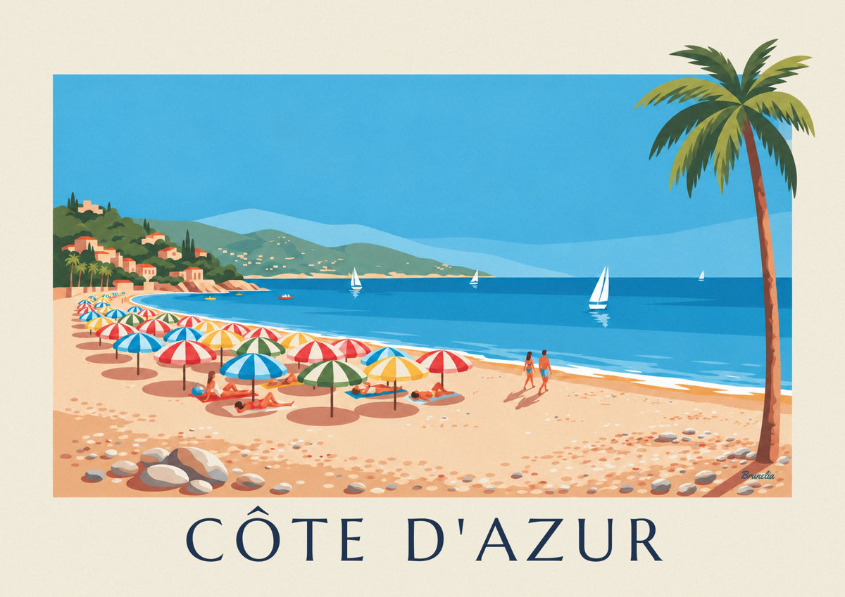 Colorful parasols on a French Riviera pebble beach poster