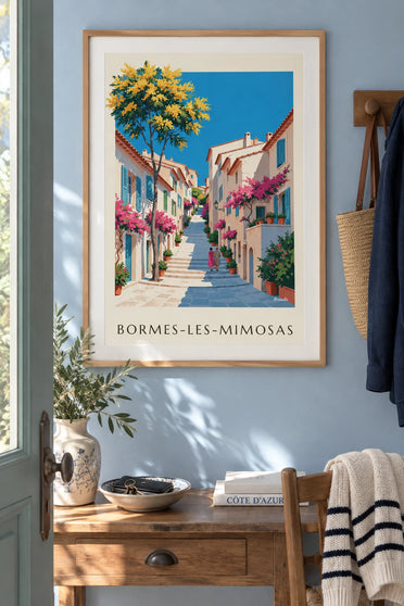 Affiche ruelle fleurie de Bormes-les-Mimosas et mimosa jaune : encadrée au mur