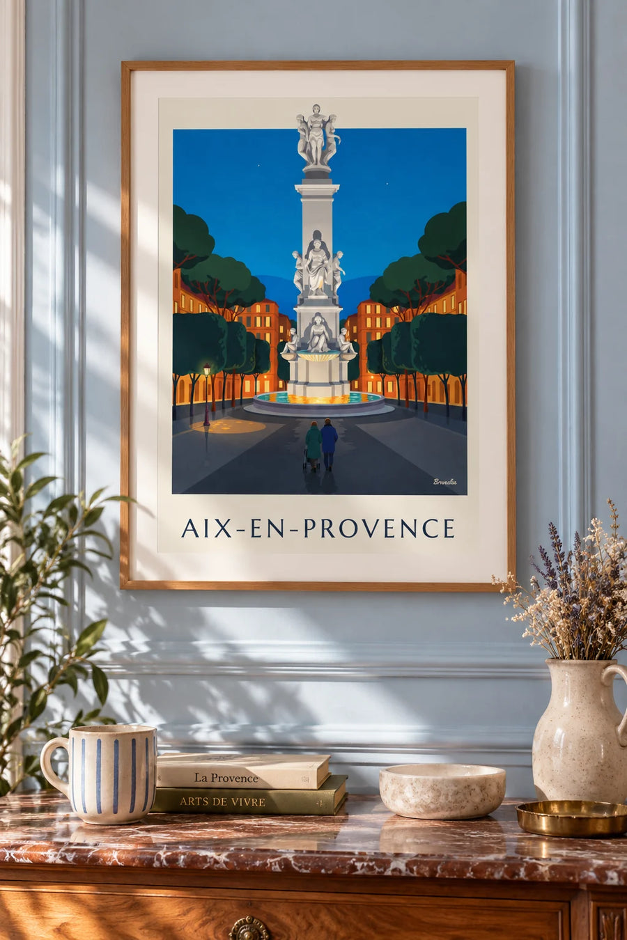 Affiche fontaine de la Rotonde sur le cours Mirabeau d'Aix : encadrée au mur