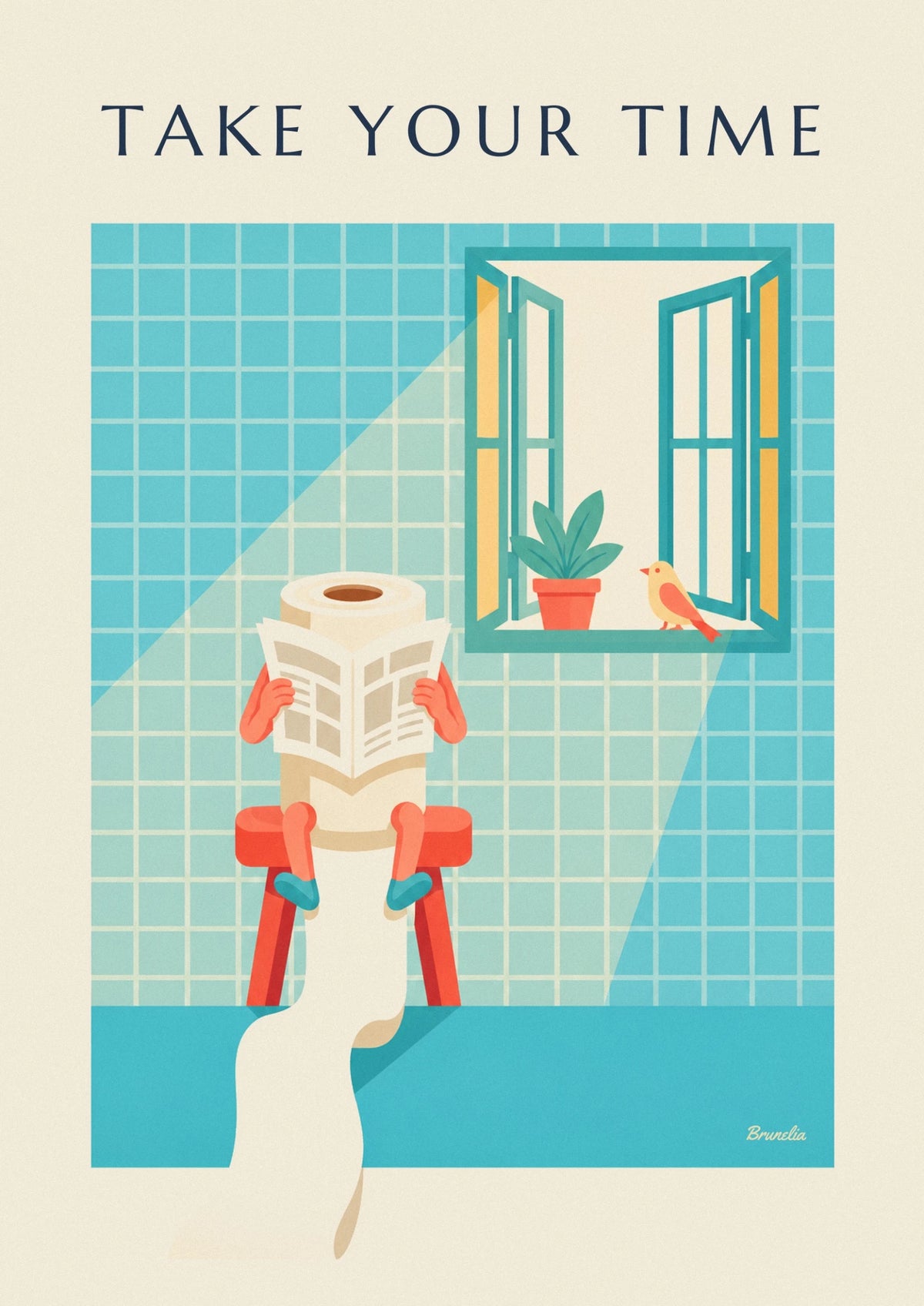 Toilet paper character reading the paper poster