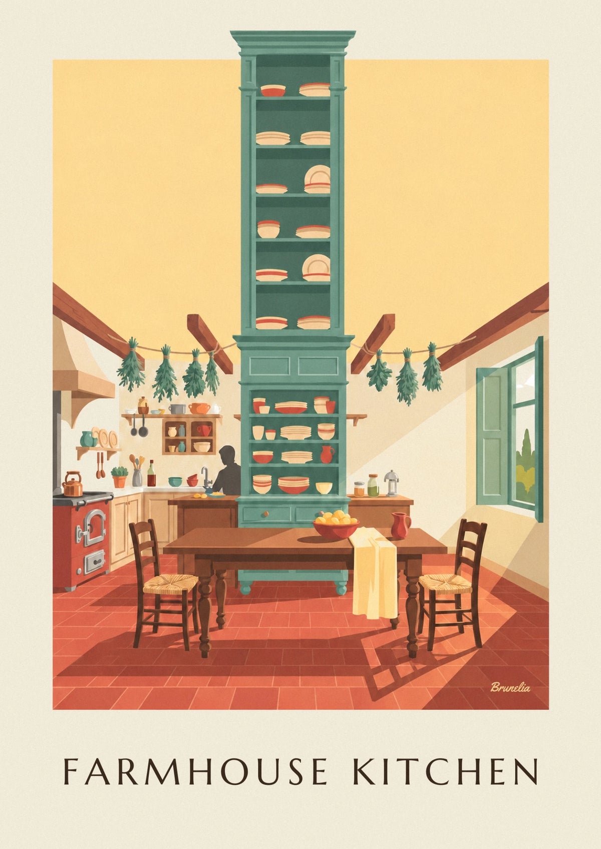 Country kitchen with large farmhouse table poster
