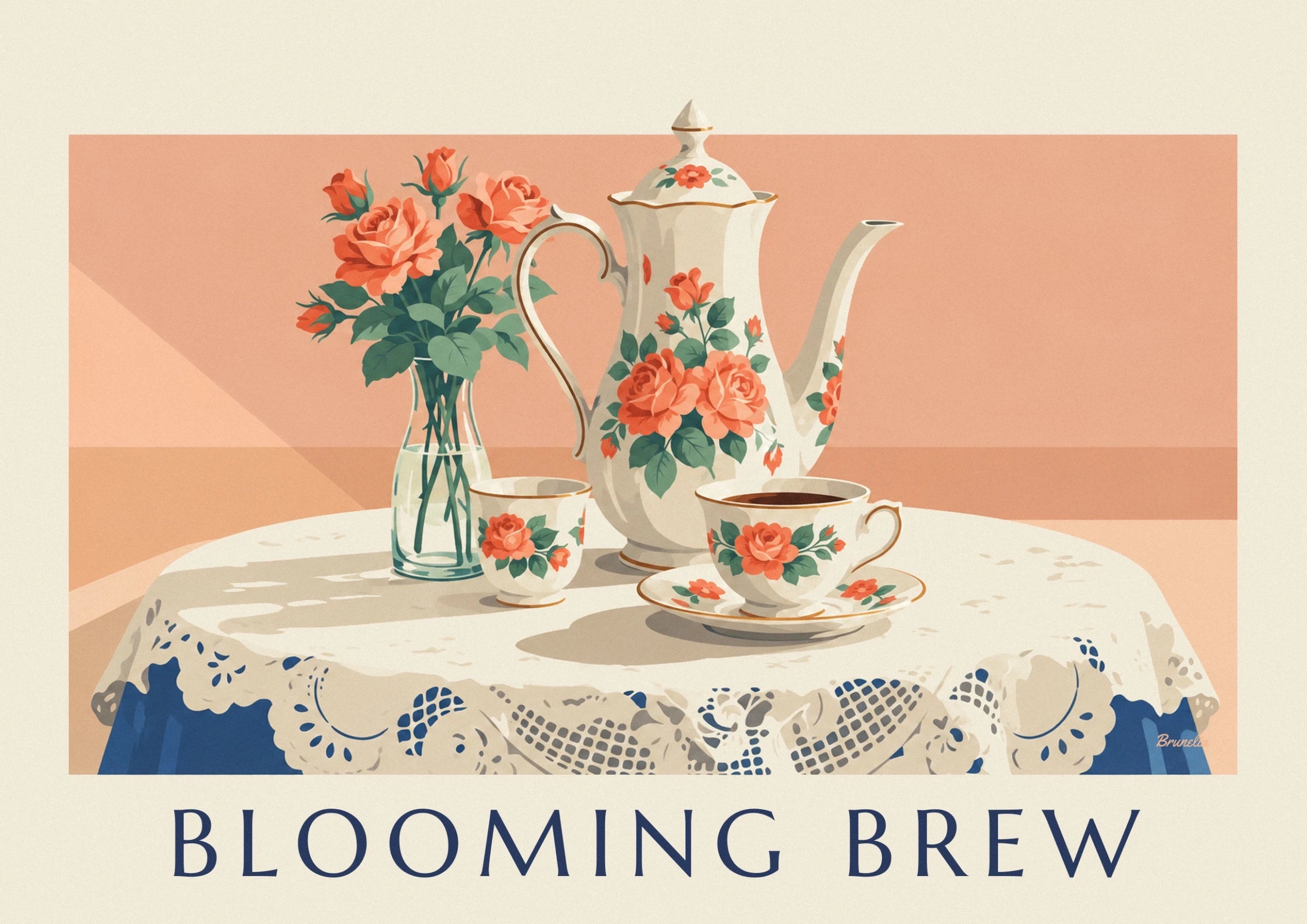 The porcelain teapot and cup with orange roses and gold rims
