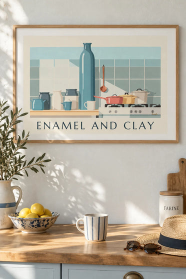 Poster of enameled pots and ceramic jars in the kitchen: framed on the wall
