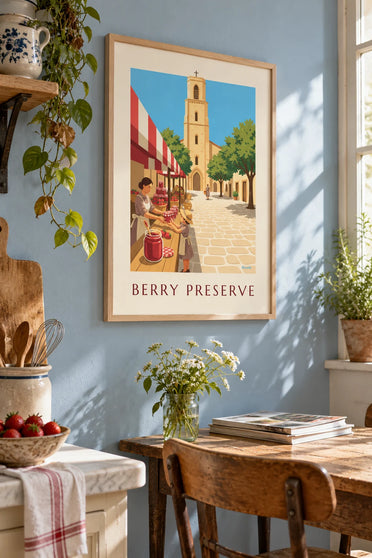 Affiche pot de confiture de fraises sur un étal de fête de village : encadrée au mur