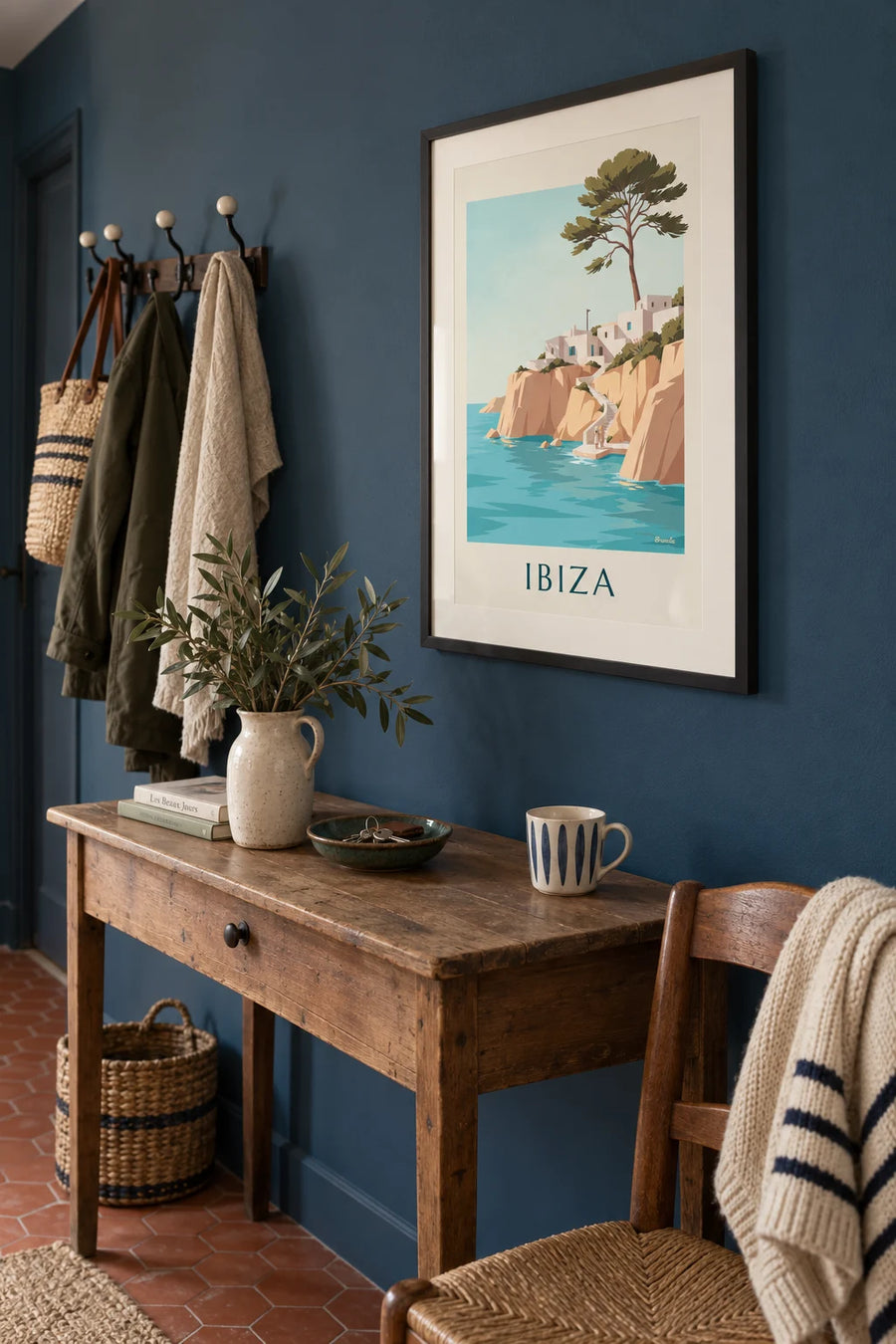 Poster of ocher cliffs and white houses in Ibiza: framed on the wall