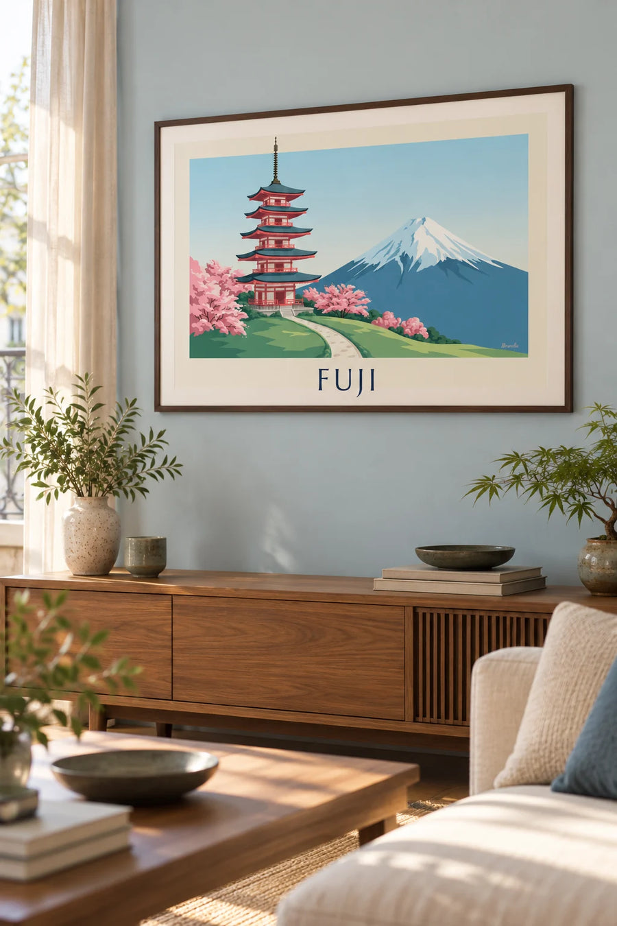 Plakát pagoda Chureito před horou Fuji a rozkvetlé třešně: zarámovaný na zdi