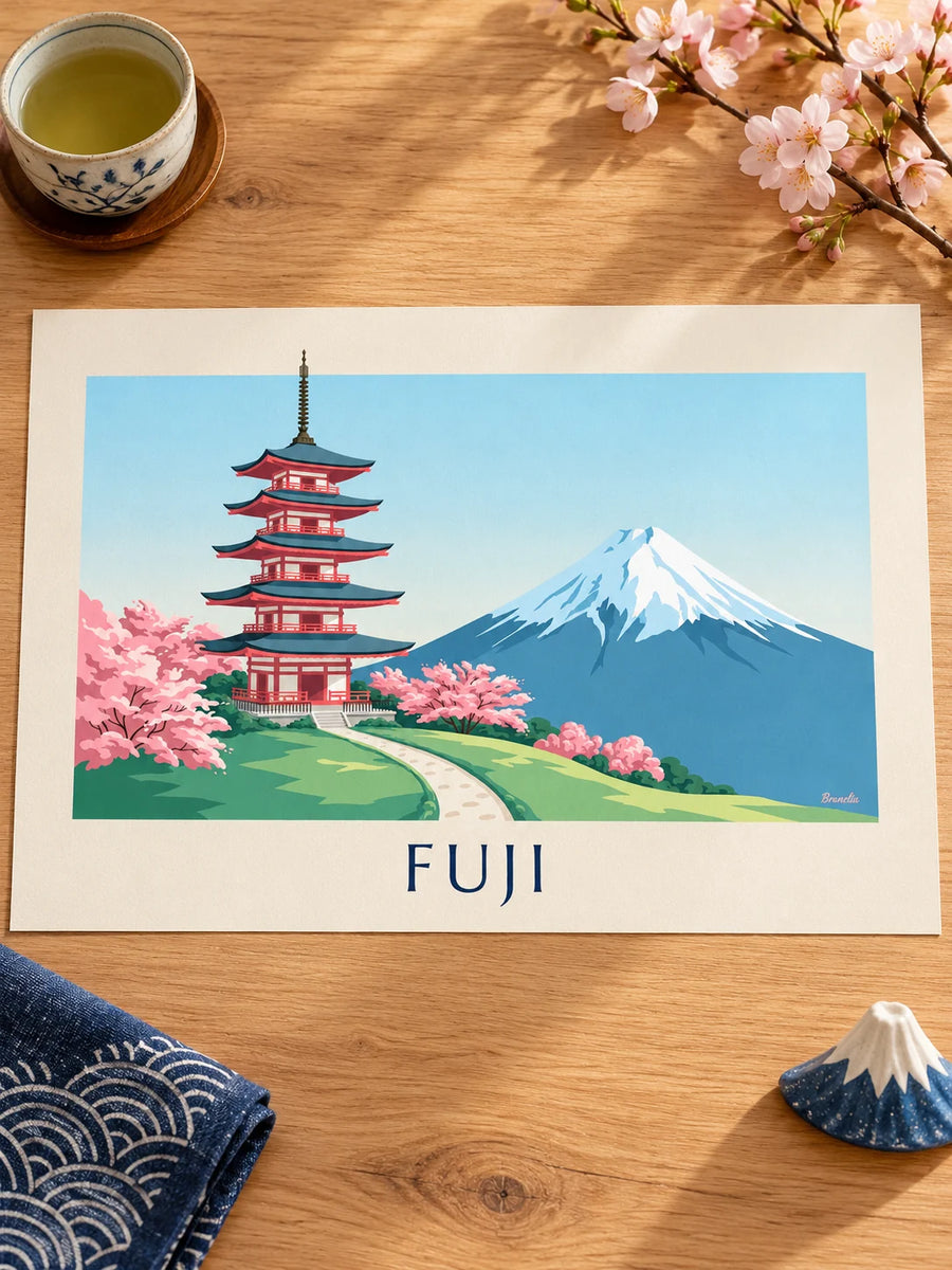 Plakát pagoda Chureito před horou Fuji a rozkvetlé třešně: položený na stole