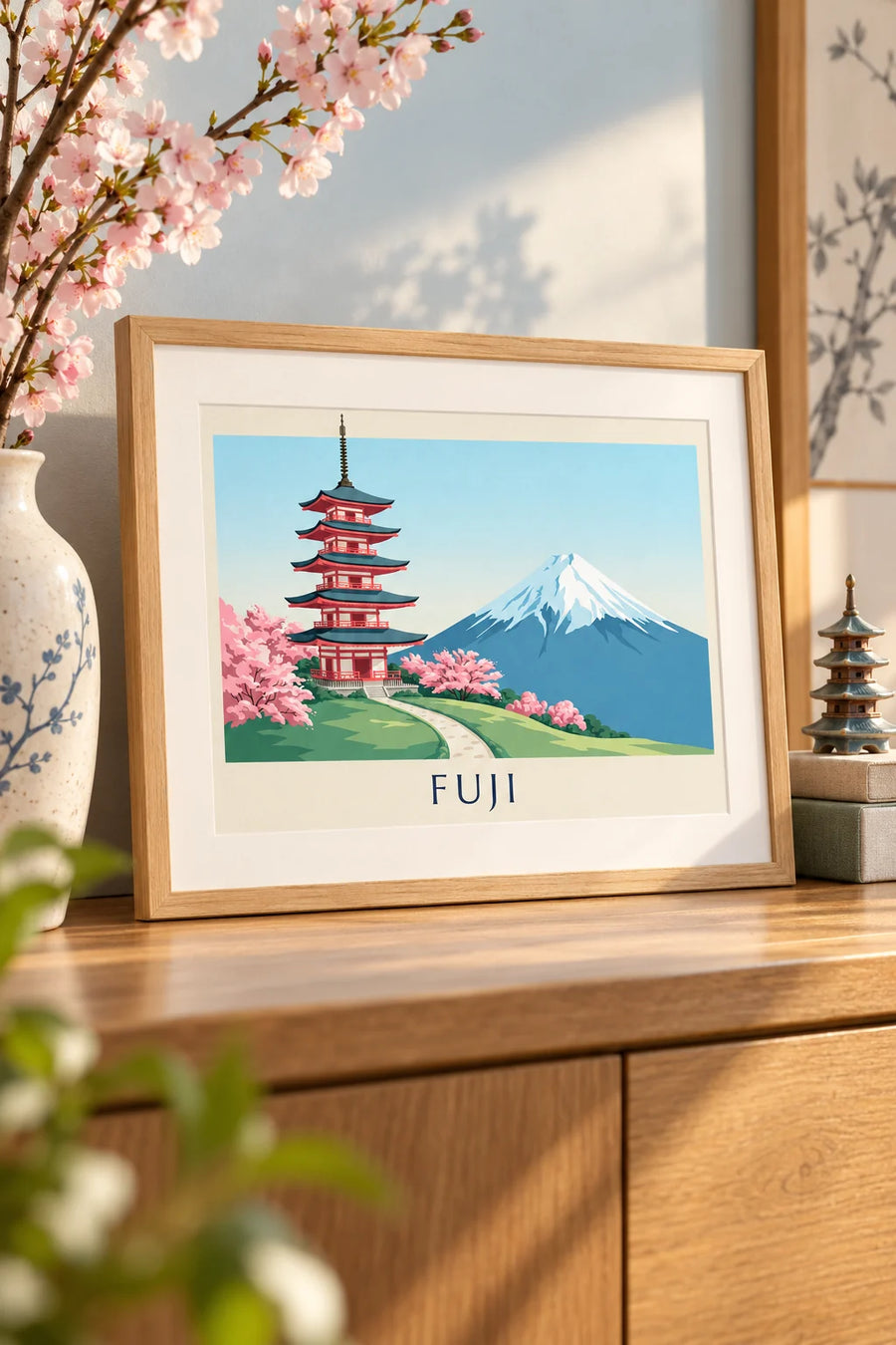 Plakát pagoda Chureito před horou Fuji a rozkvetlé třešně: malý formát A4 v rámu