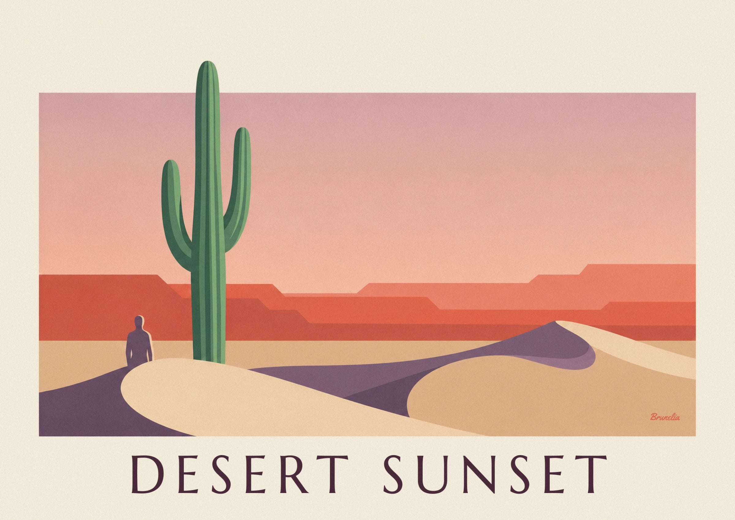 Le grand saguaro vert et la silhouette violette d'un marcheur, devant les falaises rouges