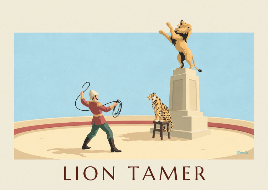Lion tamer with lion and tiger in the circus ring poster