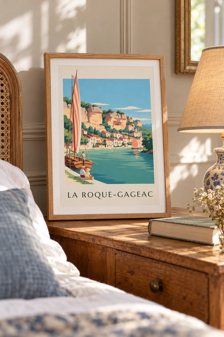 Affiche village de La Roque-Gageac au bord de la Dordogne : petit format A4 encadré