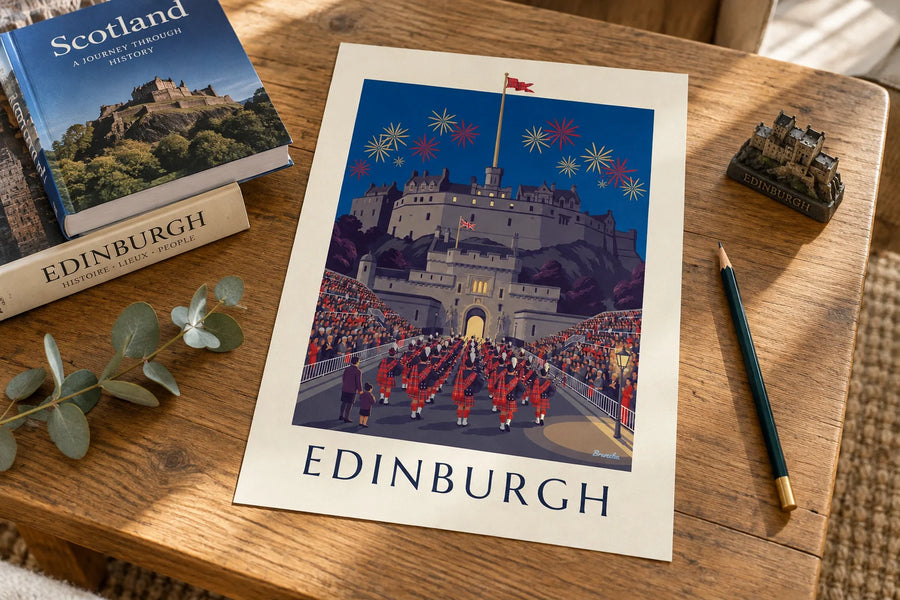 Plakát s edinburským hradem a nočním Military Tattoo: na stole