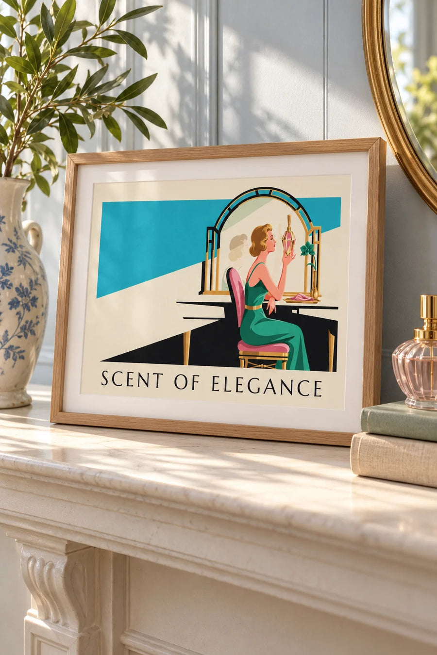 Affiche femme élégante et flacon de parfum à sa coiffeuse : petit format A4 encadré