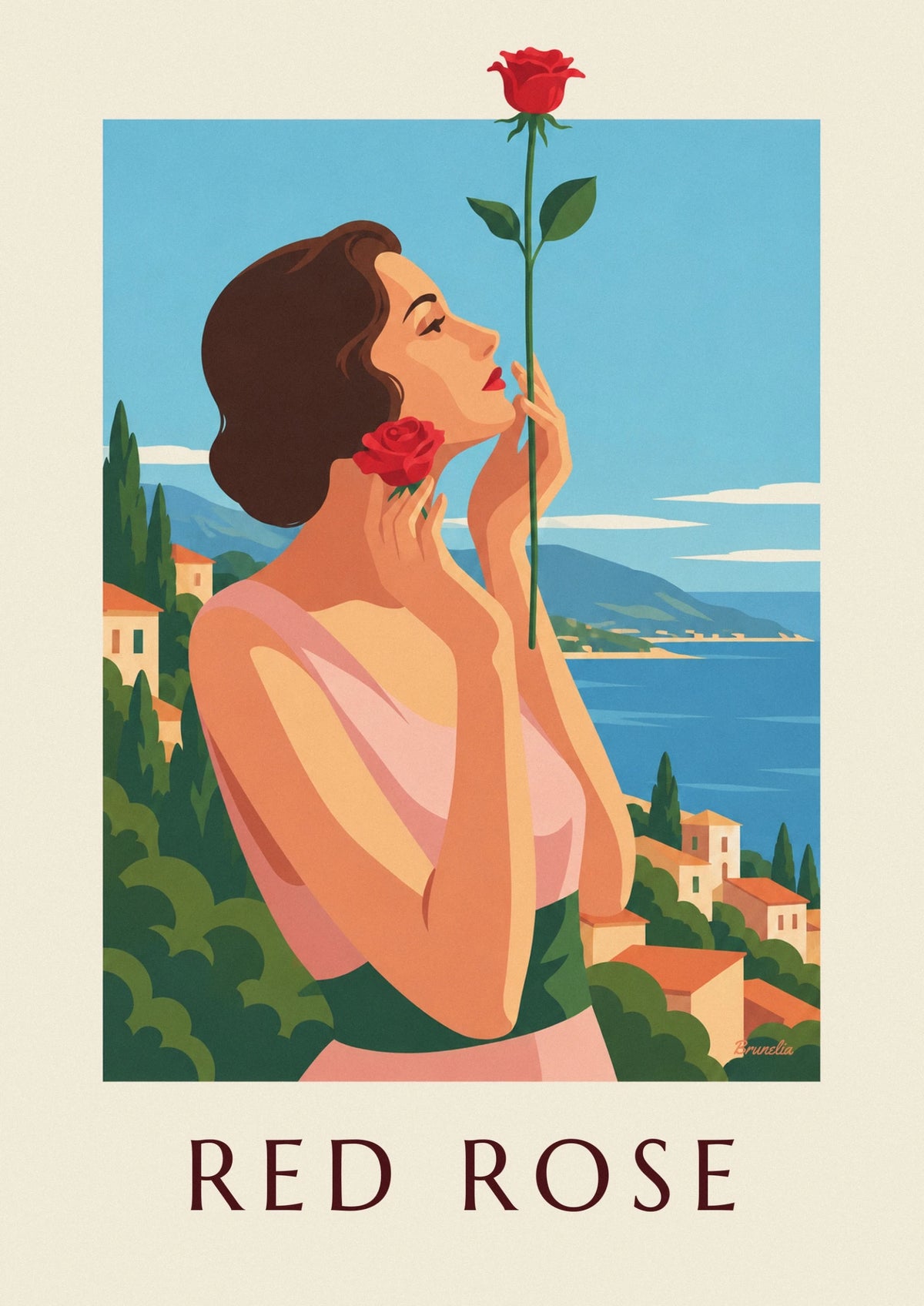 Elegant woman holding a red rose poster