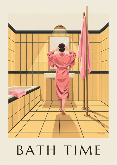 Affiche femme en peignoir rose dans une salle de bain jaune : l'affiche entière