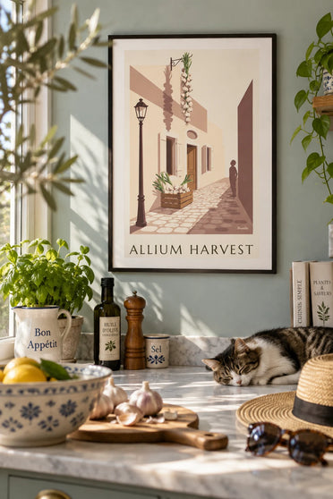 Poster of a crate of white onions and garlic at the grocer’s: framed on the wall