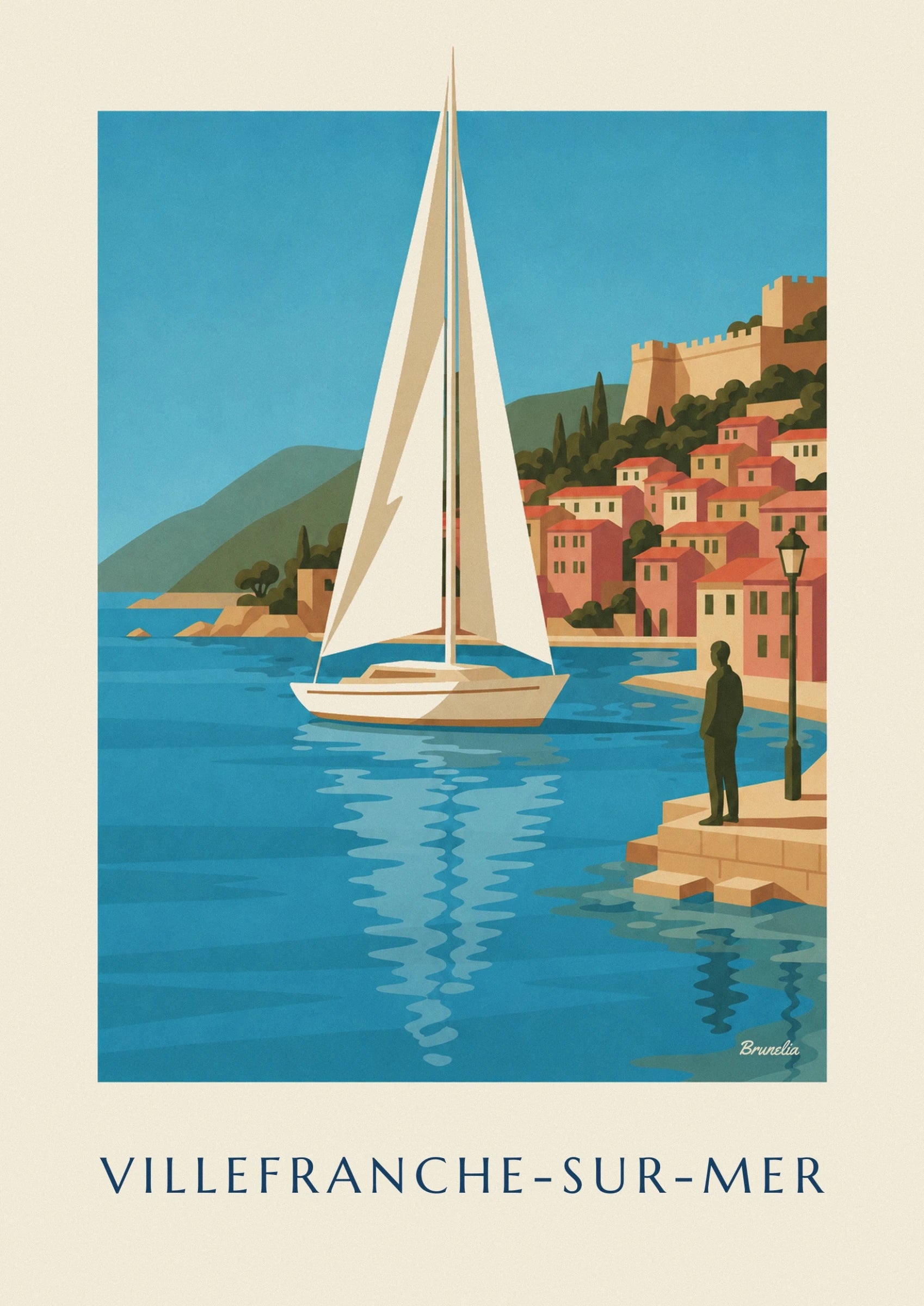 The sailing boat with cream sails in front of the colourful façades of Villefranche-sur-Mer