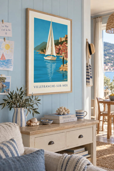 Affiche voilier dans la rade de Villefranche-sur-Mer : encadrée au mur