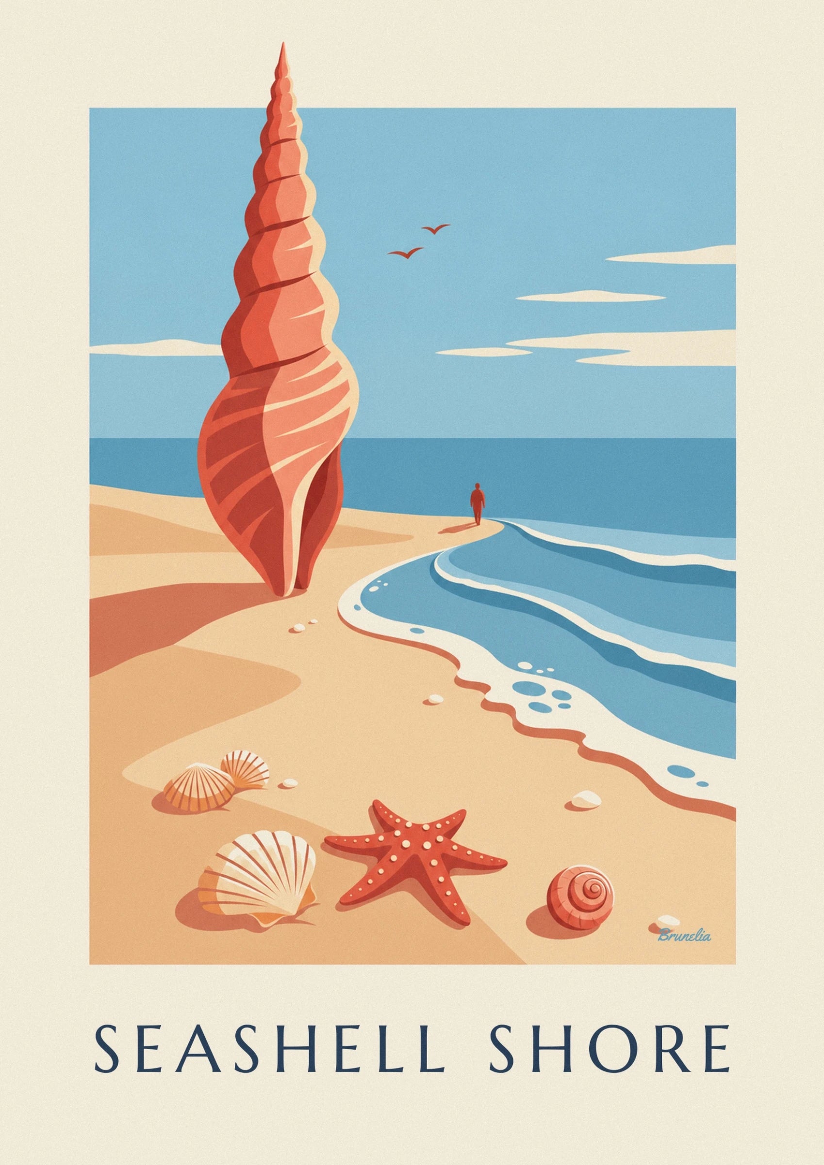 An orange-red starfish with cream spots on the golden sand