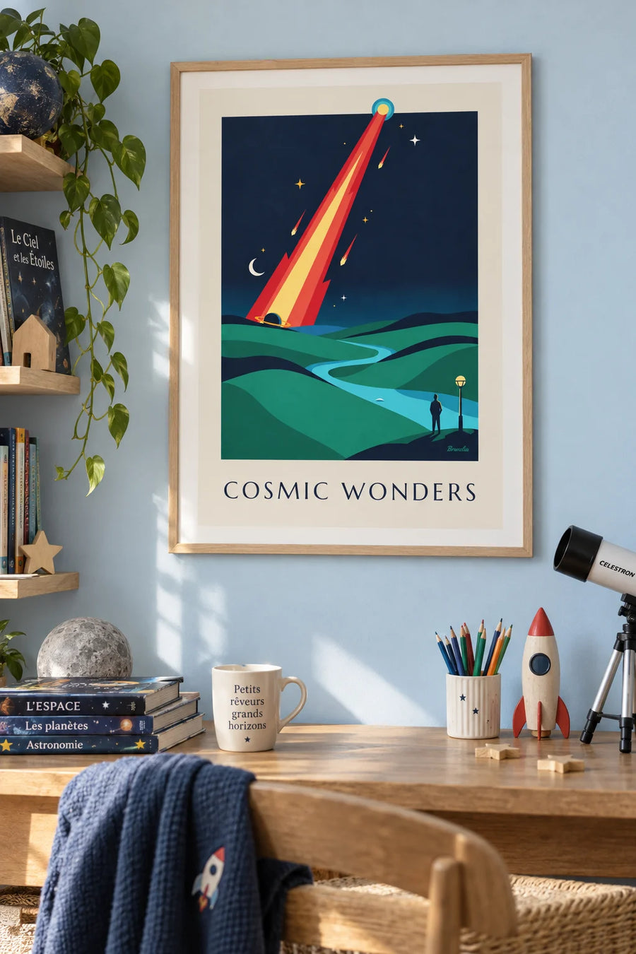 Comet and meteorites in space poster: framed on the wall