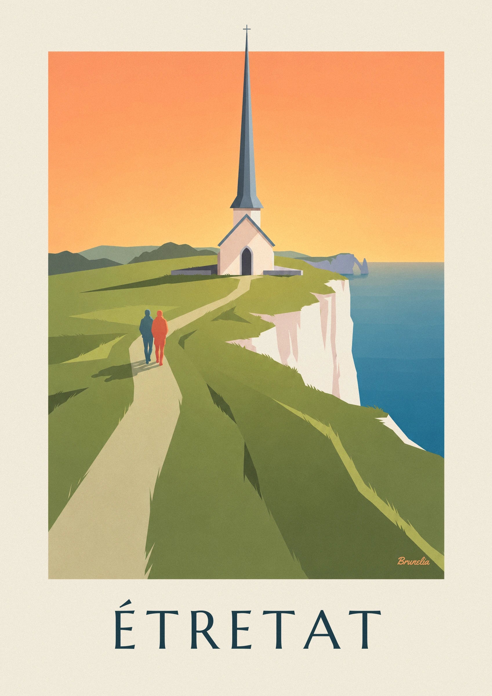 The white chapel with its pointed slate spire, on the grass against an orange sky