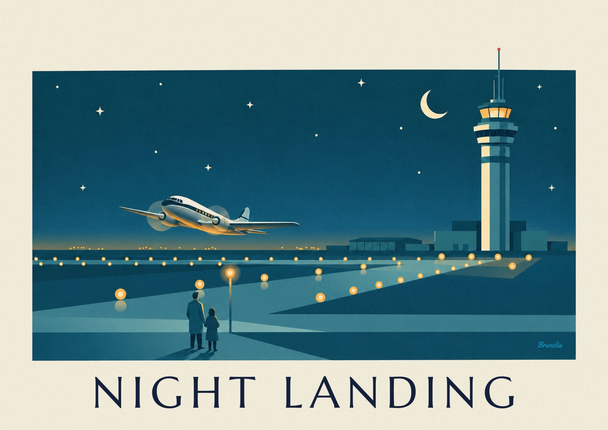 The white and blue propeller plane above the runway lined with golden lights
